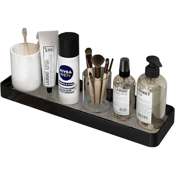 Biutimarden Shower Shelf No Drilling, Bathroom Shelf, Glass Shelf, Wall Mounting, Bathroom Shelf, Rectangular 8MM Tempered Glass, Self-Adhesive, Space Aluminum for Bathroom, Kitchen, Bathroom Accessories, 40CM Black