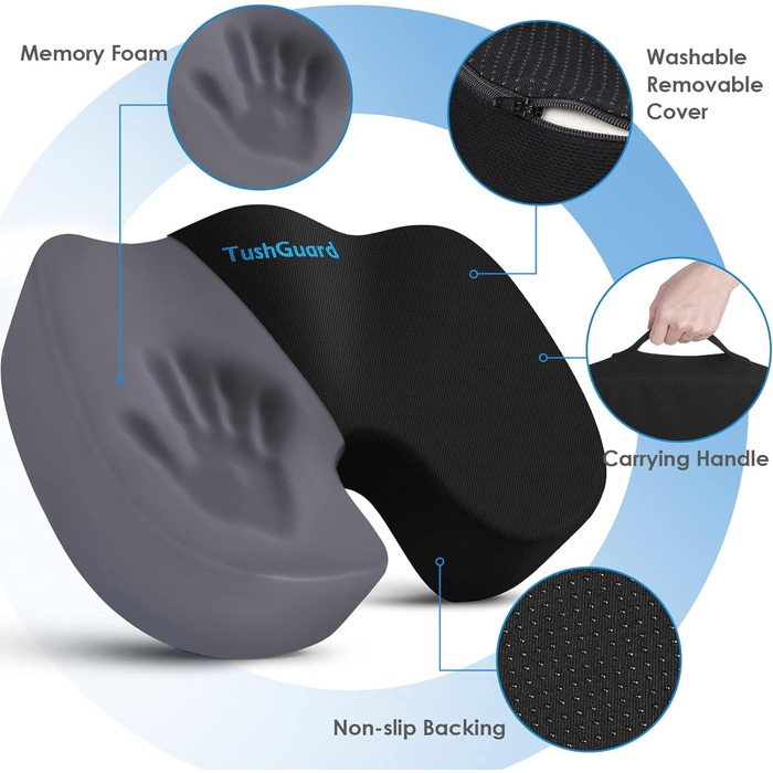 Подушка ортопедична TushGuard для офісного крісла, Memory Foam, X-Large, чорна. Зняття болю в спині, куприку, при ішіасі.