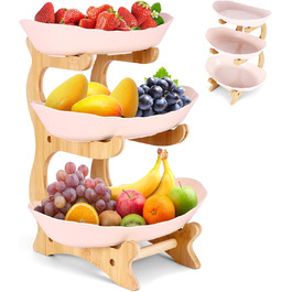 DEECOZY Трирівнева етажерка для фруктів та овочів з бамбуковим підставкою, пластикова фруктова миска, економія місця, для сім'ї, сучасний дизайн (Білий, Бежевий)