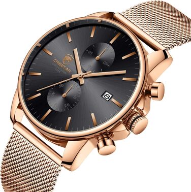 Чоловічий годинник на браслеті Mesh, кварц, аналоговий, чорний, з нержавіючої сталі, водонепроникний, хронограф, автоматична дата, Rose-gold (Рожеве золото)