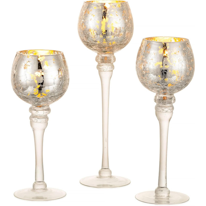 Romadedi Tealight Holder Candle Holder Glass Silver - Lantern Tealight Holder Decor Mercury 3-Piece Set 23.5/25.5/31.5 cm for Tealights Votive Candles, High Candles, Living Room Table Decoration, Wedding