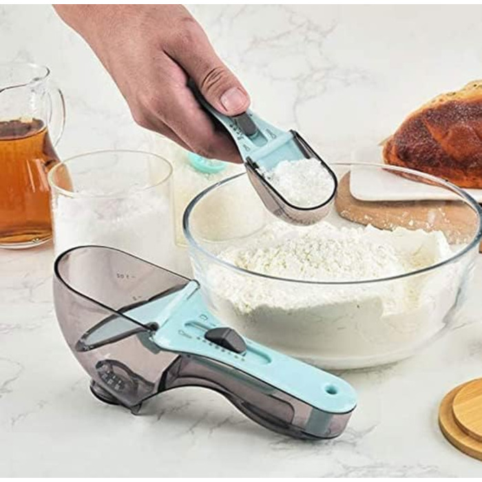 2-piece adjustable measuring cup and spoon set, kitchen tool, plastic scoop, measuring cup with magnetic closure for dry and liquid ingredients