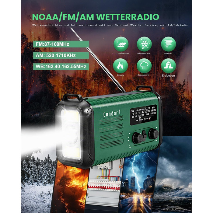Радіо Kurbelradio 20000mAh сонячне з ручним заводом, AM/FM, SOS, LED-ліхтарик, USB зарядка для телефону, аварійне живлення, зелений