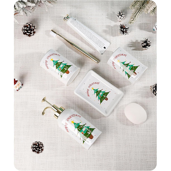 4-Piece Ceramic Bathroom Set, Artistic Line Face Bathroom Accessories Set with Soap Dispenser, Toothbrush Holder, Cup, Soap Dish, Abstract Bathroom Set for Decor, Cream (Christmas Tree)