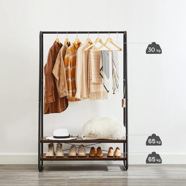 VASAGLE Clothes Rack, Coat Rack, Coat Stand, with 2 Shelves, 6 S-Shaped Hooks, Steel Frame, for Bedroom, Hallway, Entrance Area, Vintage Brown-Black RGR112B01