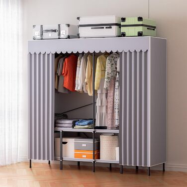 Wardrobe, Portable Shelf System, 20 Cube DIY Shelf System Wardrobe Open Plastic Closet with Doors Wardrobe Cabinet White 180 x 142 x 37CM (With Fabric Cover 178x170x48cm)