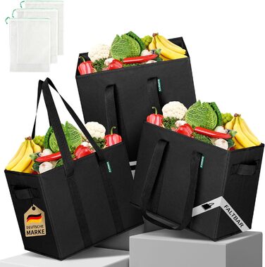 Large Foldable Shopping Bags 3-Pack & Fruit Net – Sturdy Large Foldable Shopping Basket with Reinforced Bottom – Ideal Shopping Bag for Shopping Carts & Trunk – 80 L Black