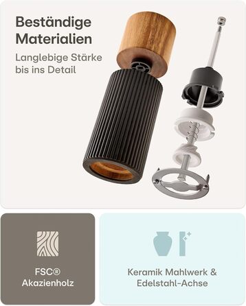 Набір для перцю та солі Praknu з дерев'яної акації з керамічним жорном - регулювання ступеня помолу, довговічний - дерев'яні млини для спецій - набір млинів для солі та перцю, чорний (маленький)