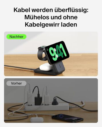 Зарядний станція Belkin UltraCharge 3 в 1 з Qi2.2, 25W, сумісна з MagSafe, для iPhone, AirPods, Apple Watch, Pixel, з адаптером 45W - Чорний