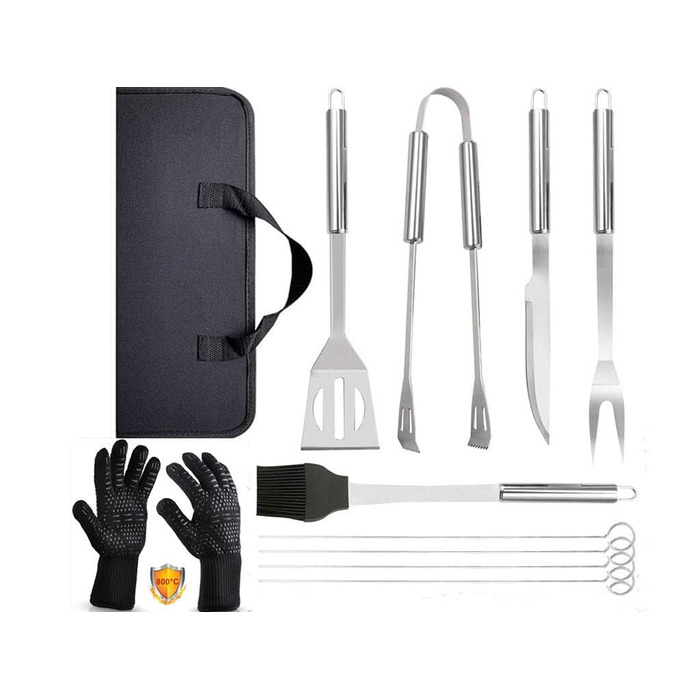 Набір гриля 9 предметів + термостійкі рукавиці для гриля, 800°C, нержавіюча сталь, аксесуари для гриля, набір інструментів для гриля з отворами для підвішування