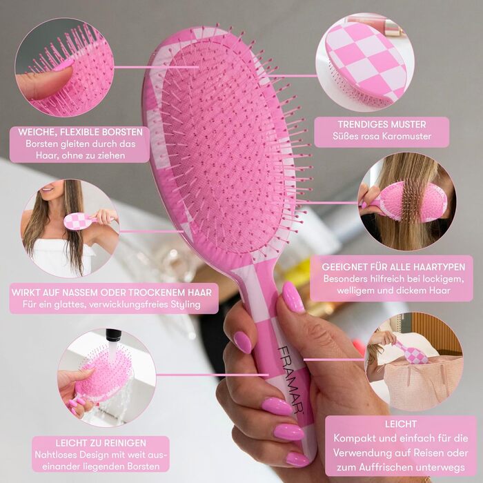 FRAMAR Щітка для волосся без заплутування - для довгого волосся, для жінок, для мокрого волосся, розпушувач, для кучерявого волосся, антизаплутування, рожева в клітинку