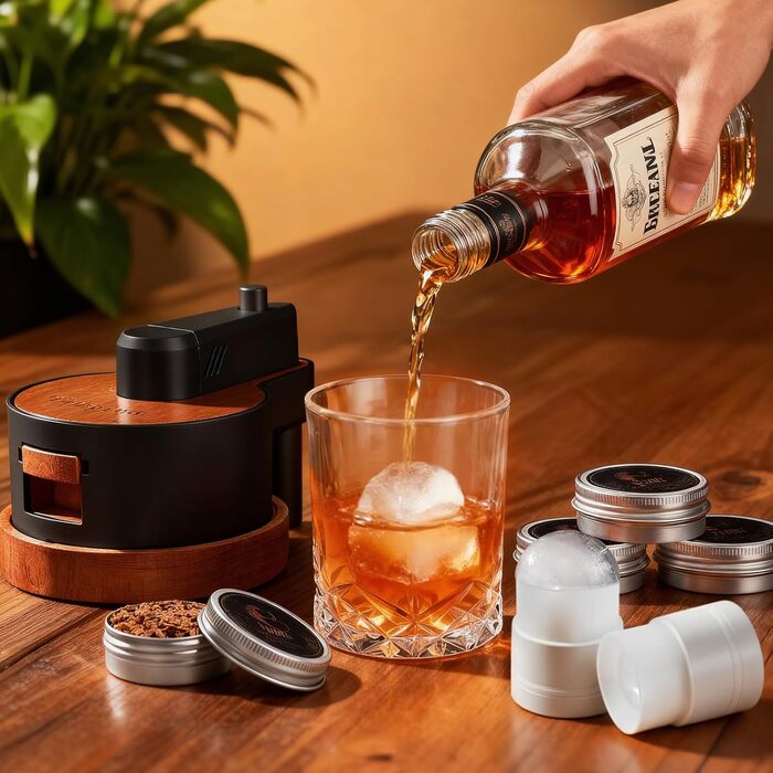 Набір для копчення віскі зі вбудованим запальничкою, 6 видів тирси, 2 склянки, 2 форми для льоду, набір для димчастого коктейлю, подарунок на Різдво та день народження для чоловіків, батька, чоловіка (БЕЗ бутану) (коричневий)