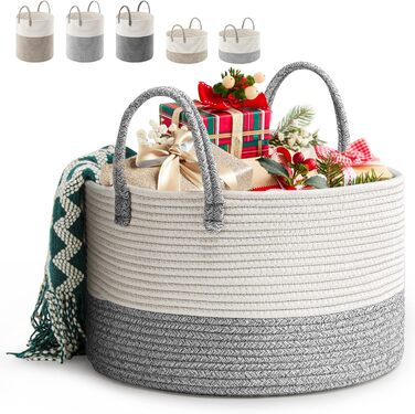 Rieeyrslza Laundry Basket for Blankets 32L Woven Laundry Collector Cotton Rope Basket Foldable Versatile Storage Basket with Handles Suitable for Living Room and Bedroom (Gray) Gray 40 x 25 Cm