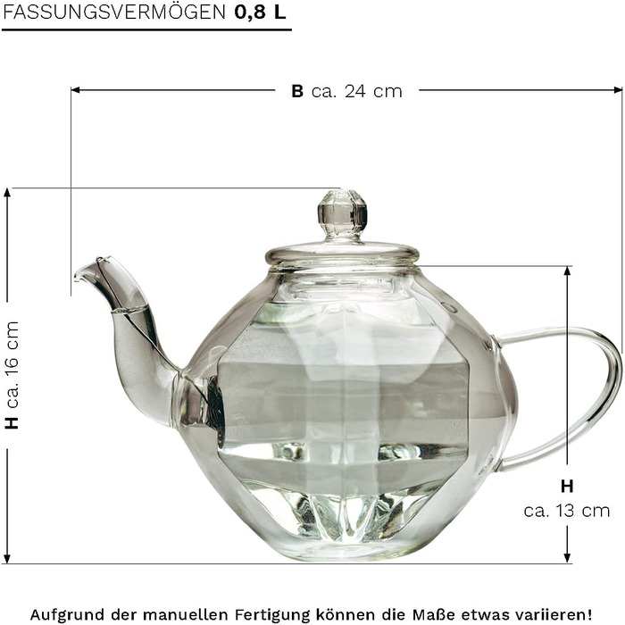 Скляна чайник Creano Diamond-Design з подвійними стінками та термоефектом, 800 мл (1 чайник + 3 пакетики чаю)