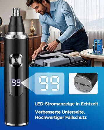 Триммер для носа, вух та брів Herren 3-в-1 з LED-дисплеєм, USB-C, IPX7, чорний - для чоловіків та жінок