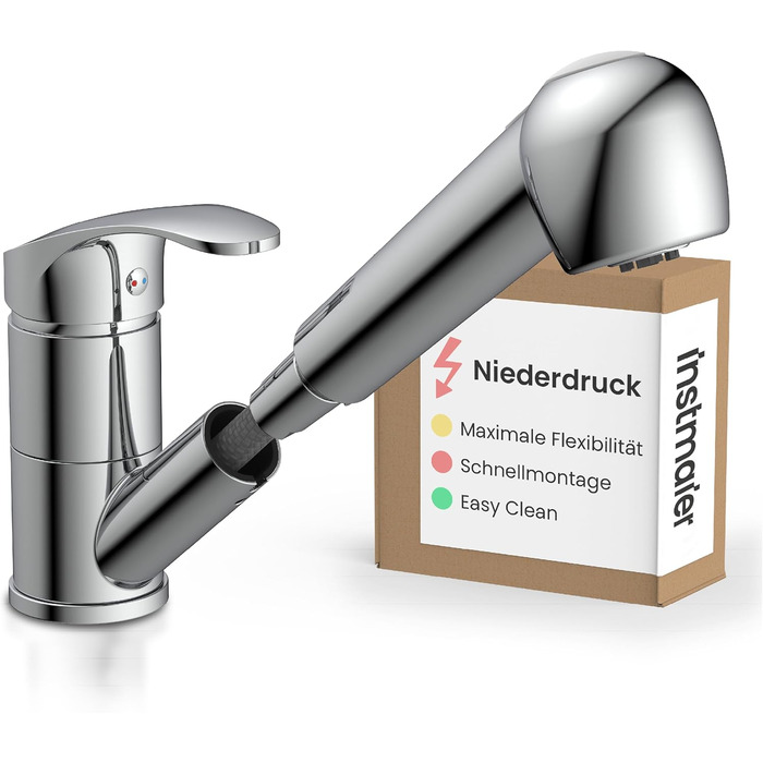 Кухонний змішувач Instmaier Elena з виливним гусаком та душовою насадкою | Хром | З витяжною системою | Змішувач для кухні з 2 режимами струменя | Однорідний змішувач з поворотним виливом (низький тиск)