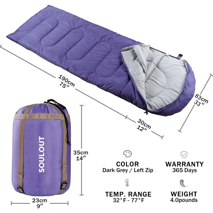 SOULOUT 3-4 Season Sleeping Bag - Waterproof Lightweight Sleeping Bag for Camping, Travel & Outdoor Activities - Ideal for Adults & Kids - 220x83cm (Purple/Right Zip)