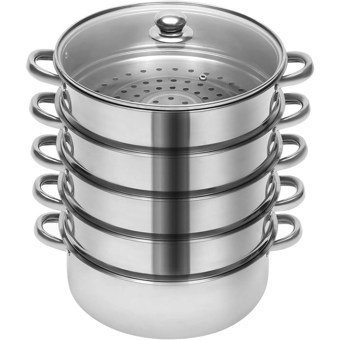 Паровар Susoso 26 см, 5-ярусний, з нержавіючої сталі, з підігрівом, для всіх плит, з кришкою з термостійкого скла, сріблястий