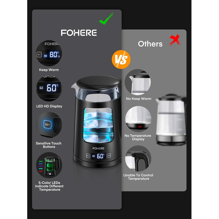 Electric Kettle with Temperature Control - 1.7L Glass Kettle with Keep Warm Function, 2200W Fast Boil, Auto Shut-Off & Dry Boil Protection, 5 Color LED Lights - Black