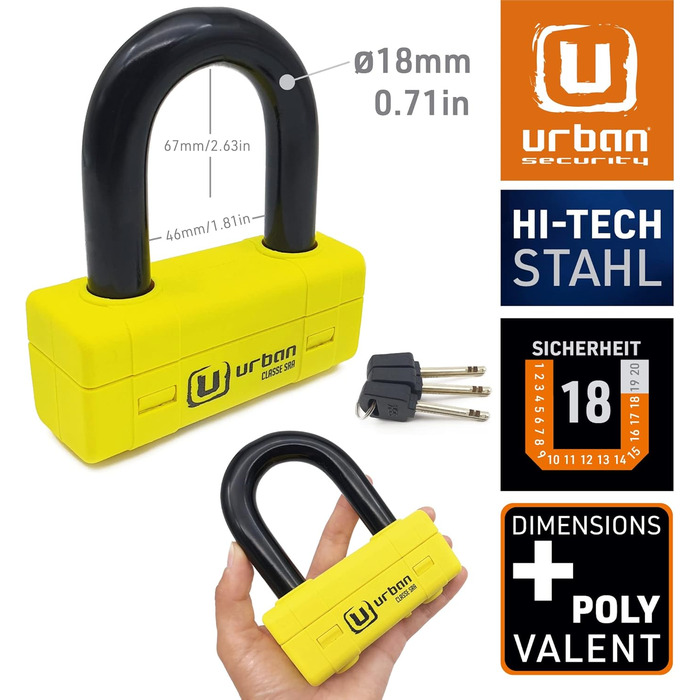 Замок для мотоцикла URBAN UR75, дисковий, високий рівень захисту, SRA сертифікат, міні U-подібний, 18 мм, універсальний 67x46 мм, жовтий