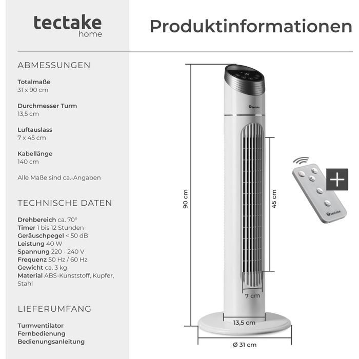 Турбо-вентилятор Tectake з пультом та таймером: тихий, мобільний, 3 швидкості, 31 x 90 см
