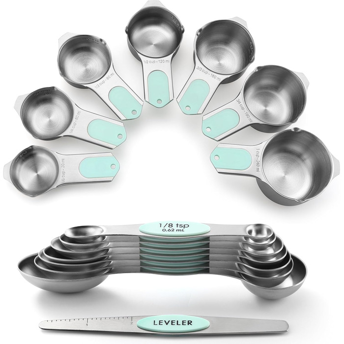 Measuring cups and spoons, magnetic, mint green, 15 pieces