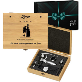 Maverton Personalized Wine Opener Set - Sommelier Set Gift Box - Wooden Box + 6-Piece Wine Accessory Set - Made of Bamboo - Brown - Birthday Gift for Men - (Birthday Wishes)