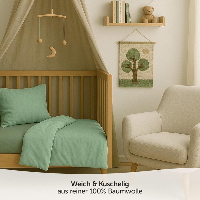 Набір постільної білизни для дитячого ліжечка MAKIAN для малюків, 100x135 см, 40x60 см | 100% бавовна, дихаюча, легка у догляді | З готельними застібками, сертифікат Oeko-Tex (Колір: Айсис-зелений)