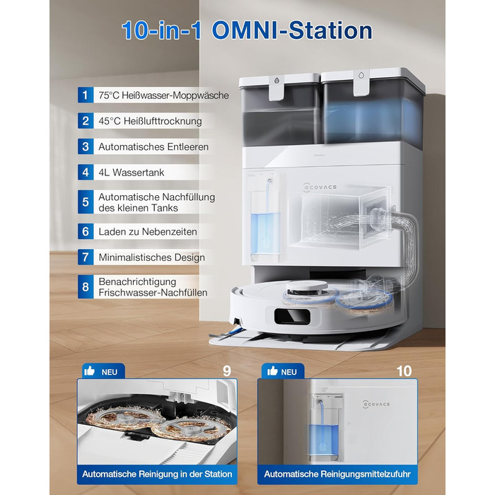 Робот-пилосос ECOVACS DEEBOT T30S PRO з функцією миття, 11000 Па, технологія ZeroTangle, миття гарячою водою 70°C, TruEdge™ для миття країв, акумулятор 6400mAh, AI-уникнення перешкод (T30C OMNI Gen2 W)