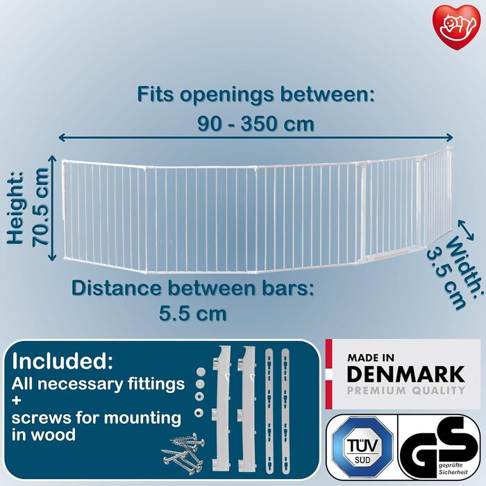 BabyDan Flex XXL – захисне бар'єр для каміну та сходів, перегородка для кімнати, білий, 90-350 см, Данія