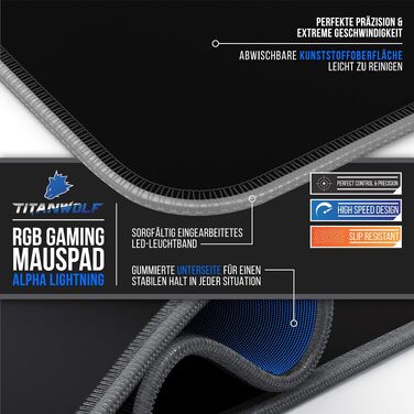 Ігровий килимок для миші TITANWOLF RGB XXL (800x300 мм) з LED-підсвіткою, 11 режимів освітлення, вологостійкий, чорний