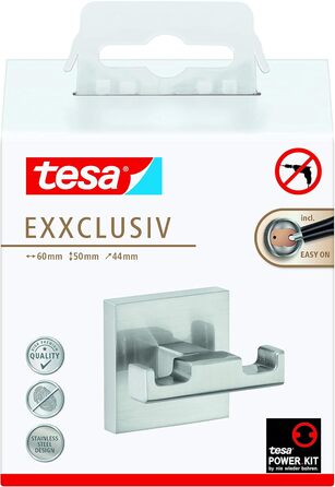 Подвійний настінний гачок tesa EXXCLUSIV хромований, самоклеючий (без свердління), 160x99x45 мм