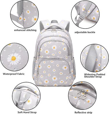 Шкільний рюкзак для дівчаток-підлітків, вінтажний рюкзак-сет, квітковий дизайн, рюкзак для ноутбука, шкільні сумки для жінок, школа, подорожі, з ланч-пакетом та пеналом 3 в 1, сірий