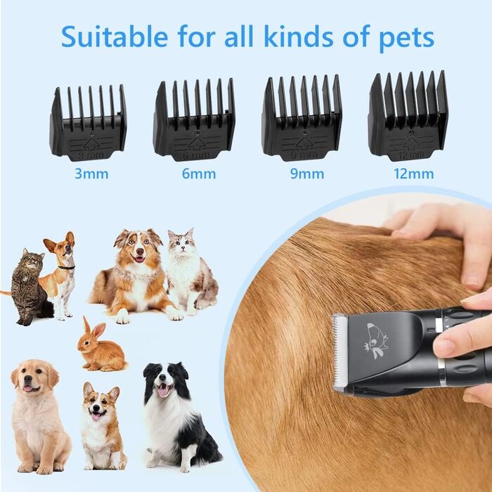 Безшумна машинка для стрижки собак та котів з 2 швидкостями, акумуляторна, бездротова, 11 насадок (Blacks)