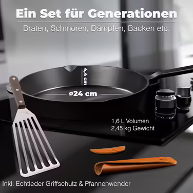 TECOR Gusseisenpfanne Induction - honed, universal, natural - Durable Cast Iron Induction Pan - Non-stick Cast Iron Induction Pan, simply top quality - Cast iron pan induction (24 cm, Honed Cast Iron)