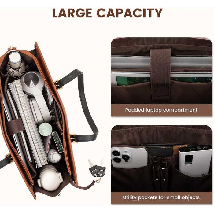 Сумка для ноутбука LOVEVOOK жіноча, сумка-шопер для роботи, університету, офісу 15.6 дюймів, коричнево-чорно-біла