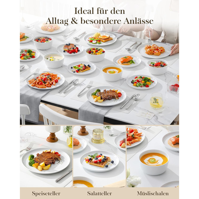 Набір посуду MALACASA LEXI 18 предметів: тарілки та миски, порцеляна, для 6 осіб, білий, сумісний з мийною машиною та мікрохвильовкою