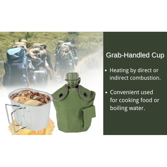 Military Mess Kit, Aluminum Cup Set with Lid and Folding Stainless Steel Spoon/Fork for Hiking Camping, 1 Quart Green
