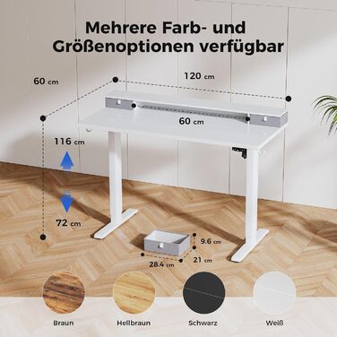 Регульований за висотою стіл Agilestic з 2 ящиками, 120 x 60 см. Електричний, ергономічний стіл для роботи та навчання. Білий