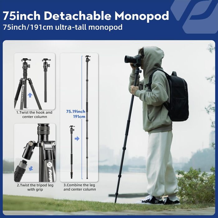 Карбоновий штатив для камери Fotopro 185,4 см, компактний дорожній трипід з кулягою, знімним моноподом, швидким роз'ємом та сумкою, витримує до 10 кг