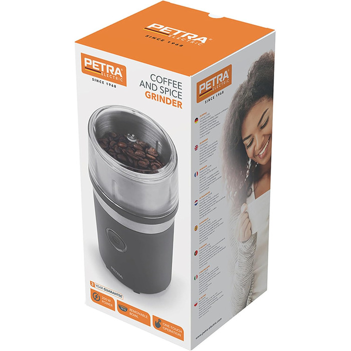 Електрична кавомолка Petra PT6136VDE, 210 Вт, 70 г, нержавіюча сталь, млинок для кави, спецій, трав, знімна чаша, прозора кришка, одна кнопка