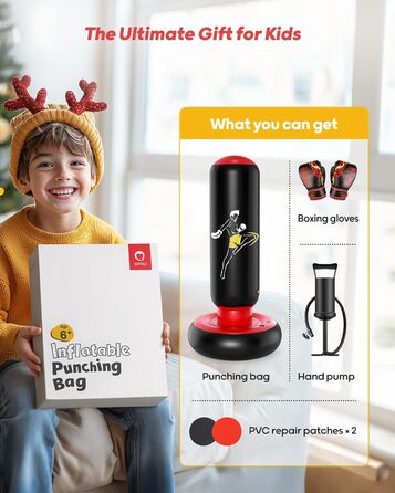 Дитячий боксерський мішок QPAU з рукавичками, 168 см, стабільний надувний боксерський мішок для дітей 6-12 років, подарунок для хлопчиків та дівчаток (Чорний & Червоний)