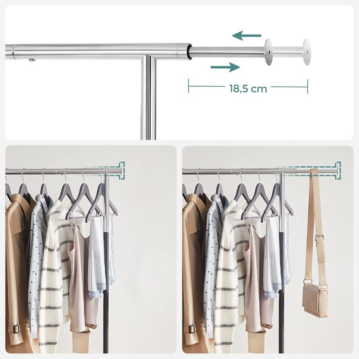 SONGMICS Clothes Rack, Clothes Rail, Coat Stand with Wheels, Load Capacity up to 25 kg, Adjustable, Silver-Black HSR101B01