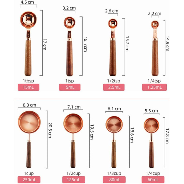 FBHappiness 8-Piece/Charge Stainless Steel Measuring Spoon Set with Walnut Wood Handle, Copper Measuring Cup Set for Baking and Cooking (Color: A, Size A
