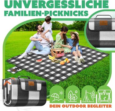 KESSER® Picnic Blanket Camping Blanket XXL 200 x 200 cm - Warm Insulated with Waterproof Bottom, Carrying Handle, Foldable Beach Blanket, Picnic Blankets for 4-6 People, Washable Picnic Blanket (Black / White)