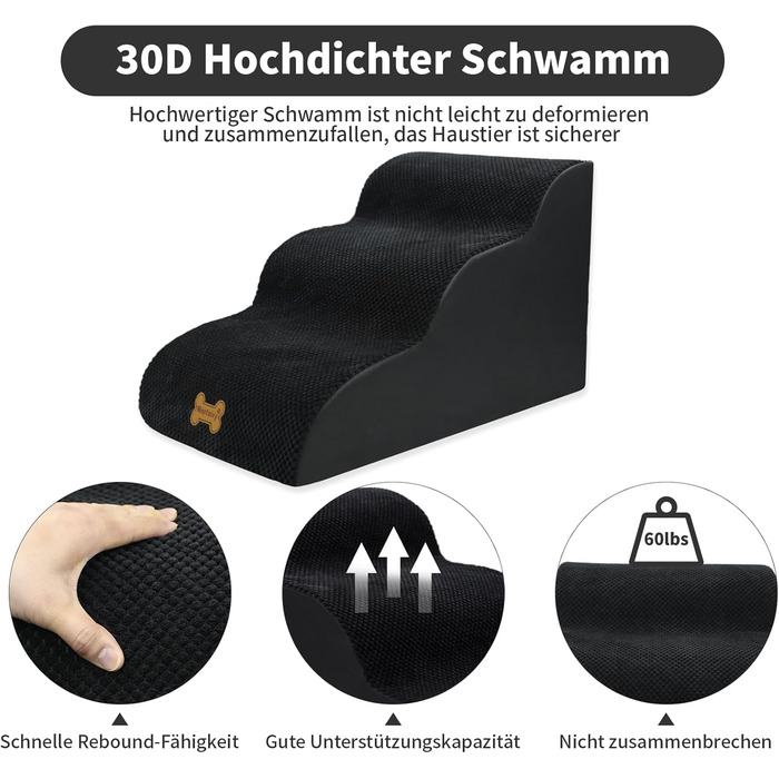 Non-slip Dog Stairs for Small Dogs 2-Step, Pet Stairs for Bed and Sofa made of High-Density Sponge, Dog Stairs Dog Ramp with Removable, Washable Cover and Non-Slip Bottom, 55x40x30cm (3 Steps Black Dog Stairs)