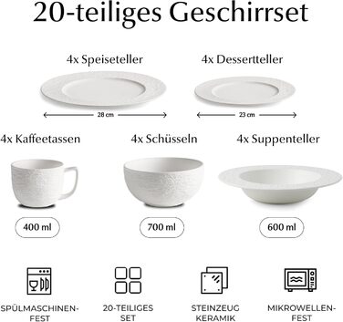MIAMIO Набір посуду 16 предметів/Сучасний керамічний посуд/Набір посуду на 4 персони - Колекція Oasis (16 шт) (Білий, Набір посуду (20 шт))