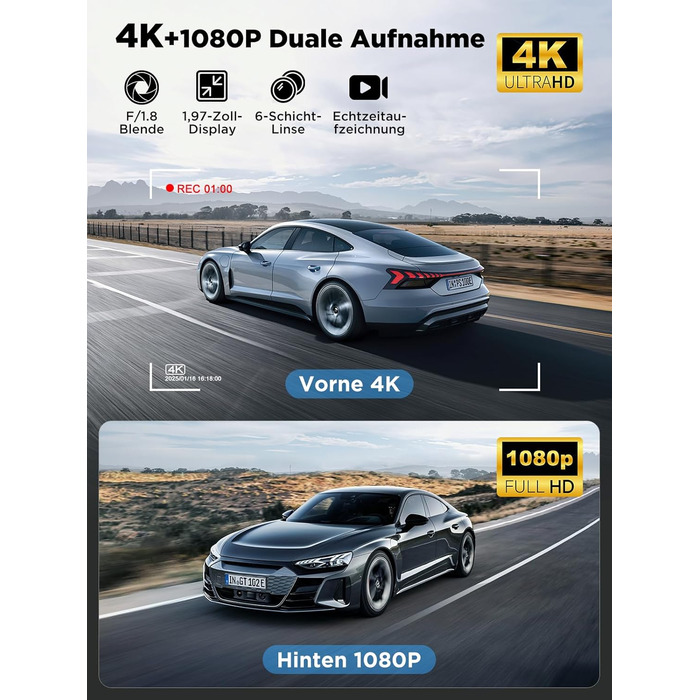 Відеореєстратор Topabol Dashcam Auto 4K + 1080P з Wi-Fi, двома камерами, нічним баченням, G-сенсором та підтримкою карт пам'яті до 256GB