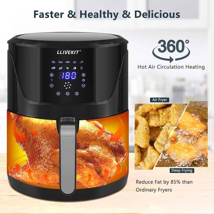 Фритюрниця без олії LLIVEKIT з 2 камерами та скляними вікнами, 4.5L+4.5L, Airfryer 9-в-1, XXL, з сенсорним екраном та таймером