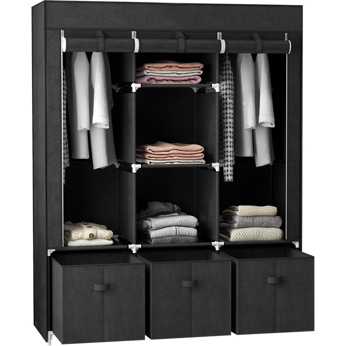 HOMCOM Fabric Wardrobe, Foldable Clothes Closet with Clothes Rod & Drawers, Folding Closet with Zipper, Fabric Closet for Bedroom, Black, 125 x 43 x 162.5